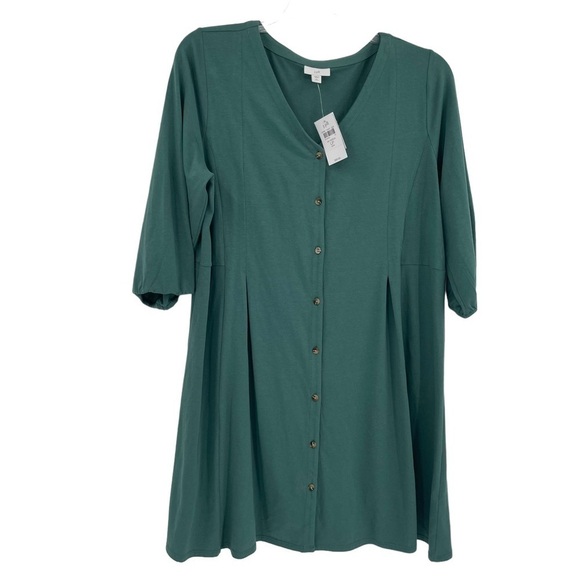 J Jill Womens NWT Size Large Petite Button Up Green Dress Pleated V Neck - Picture 1 of 10